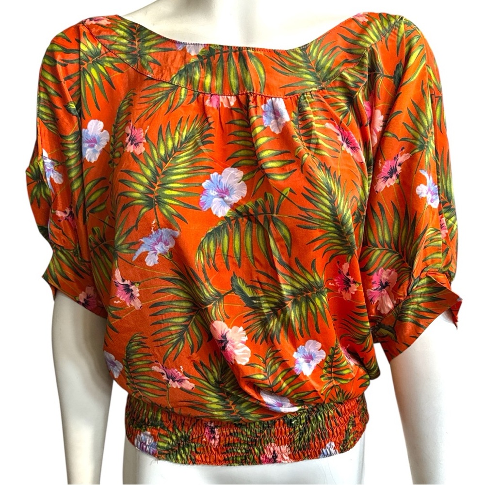 Karma Highway Tropical Floral Blouse One Size Orange Smocked Waist